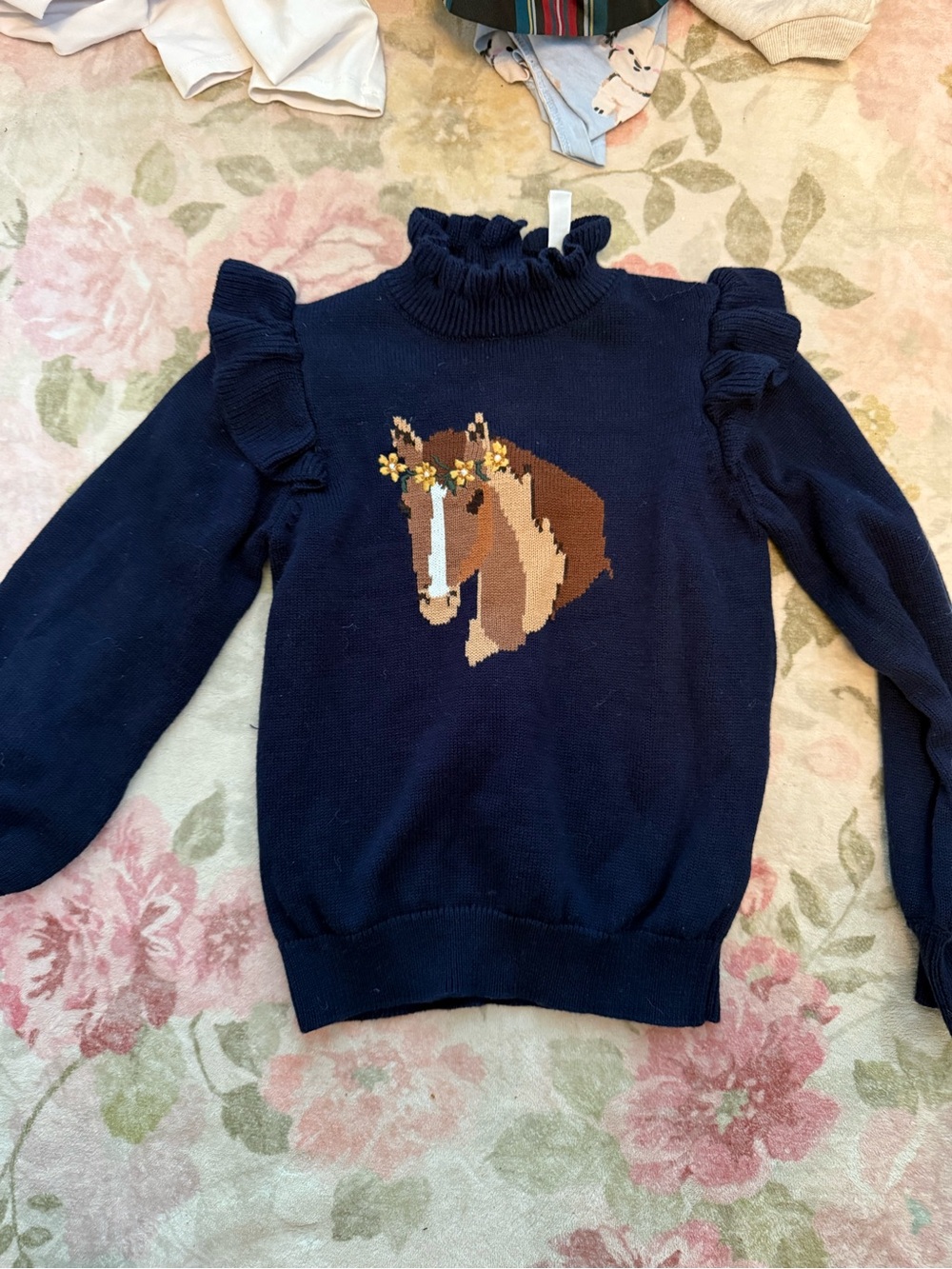 Janie and Jack Navy Blue Horse Intarsia Ruffle Sweater